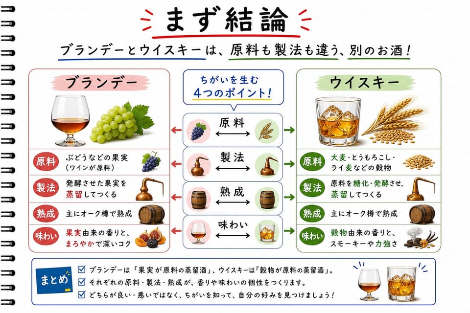 ブランデーとウイスキーの違いの結論を、原料、製法、熟成、味わいで比較する手書き風図解