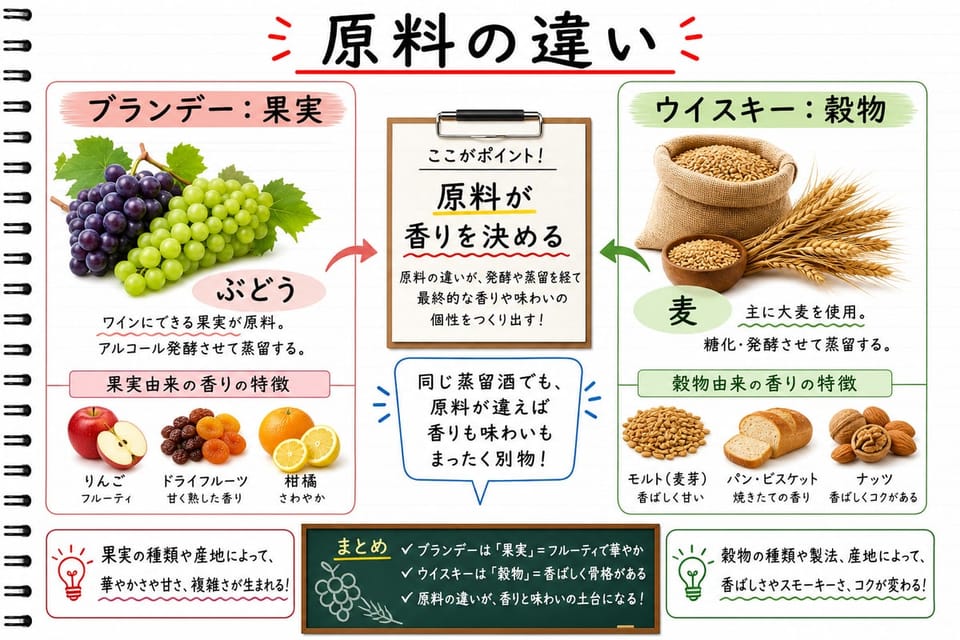 ブランデーとウイスキーの原料の違いを、ぶどう、果実、穀物、麦で比較する手書き風図解