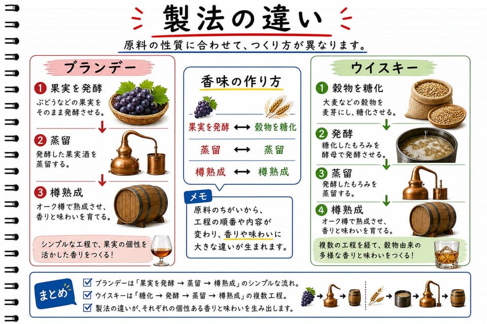 ブランデーとウイスキーの製法の違いを、発酵、蒸留、樽熟成の流れで比較する手書き風図解