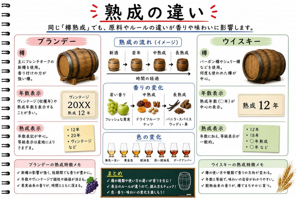 ブランデーとウイスキーの熟成の違いを、樽、年数表示、香りの変化で比較する手書き風図解