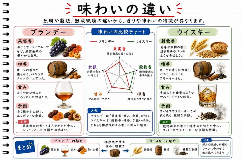 ブランデーとウイスキーの味わいの違いを、果実香、穀物香、樽香、甘みで比較する手書き風図解