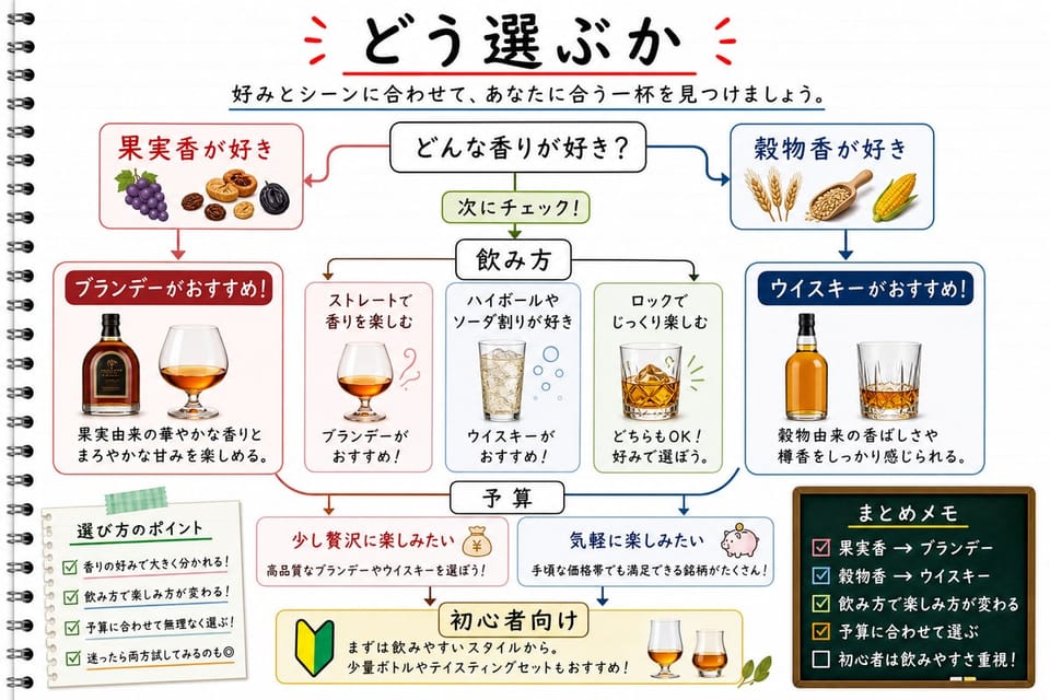 ブランデーとウイスキーの選び方を、好み、香り、飲み方、予算で比較する手書き風図解