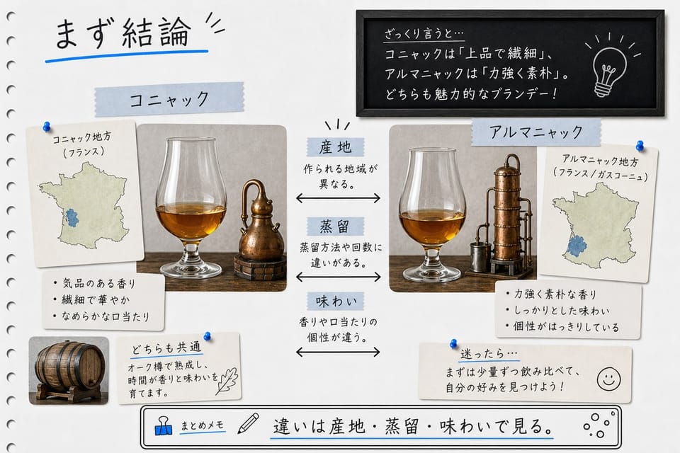 コニャックとアルマニャックの違いの結論を、産地、蒸留、熟成、味わいで比較する手書き風図解