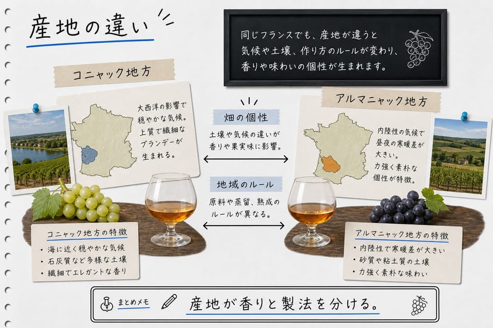 コニャックとアルマニャックの産地の違いを、地図、畑、地域カードで説明する手書き風図解