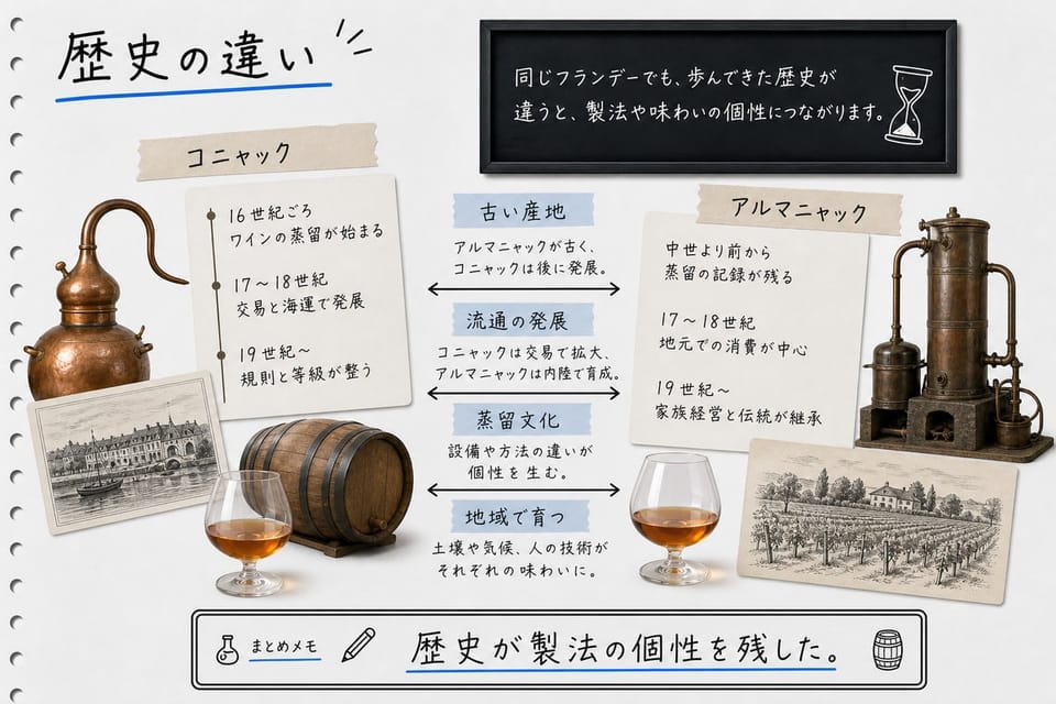 コニャックとアルマニャックの歴史の違いを、古い蒸留器、地域、樽熟成で説明する手書き風図解
