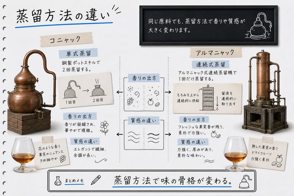 コニャックとアルマニャックの蒸留方法の違いを、単式蒸留器、連続式蒸留器、香りで比較する手書き風図解