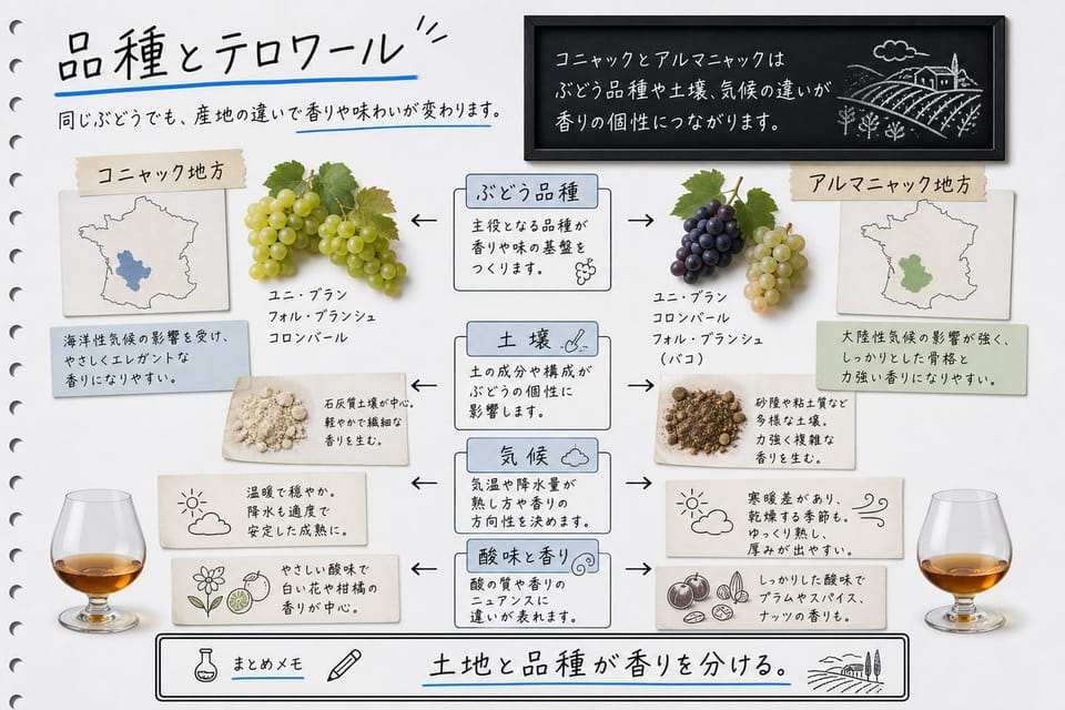 ぶどう品種とテロワールの違いを、ぶどう、土壌、畑、香りの要素で比較する手書き風図解