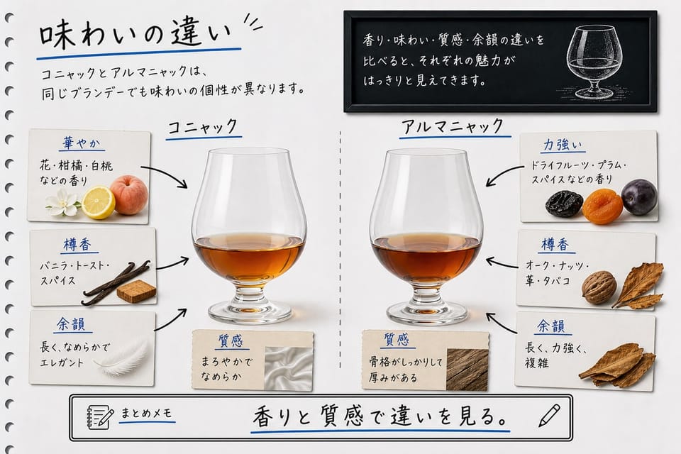 コニャックとアルマニャックの味わいの違いを、果実香、樽香、力強さ、なめらかさで比較する手書き風図解