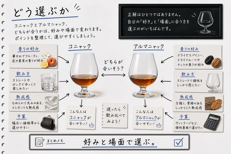 コニャックとアルマニャックをどう選ぶかを、香り、飲み方、予算、好みで説明する手書き風図解