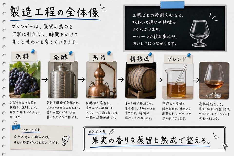 ブランデーの製造工程の全体像を、原料、発酵、蒸留、樽熟成、ブレンドで説明する手書き風図解