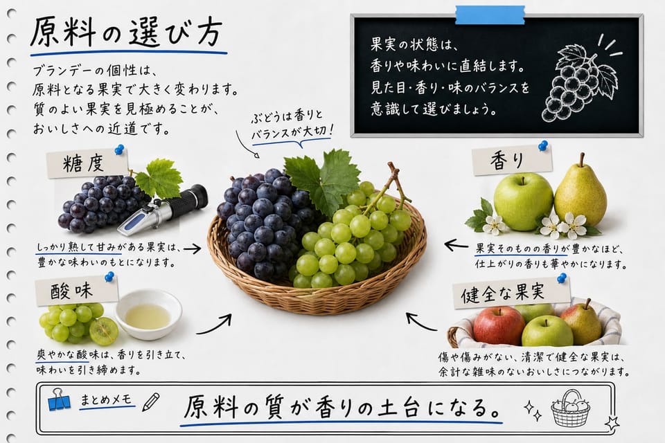 ブランデーの原料の選び方を、ぶどう、酸味、糖度、香りの要素で説明する手書き風図解