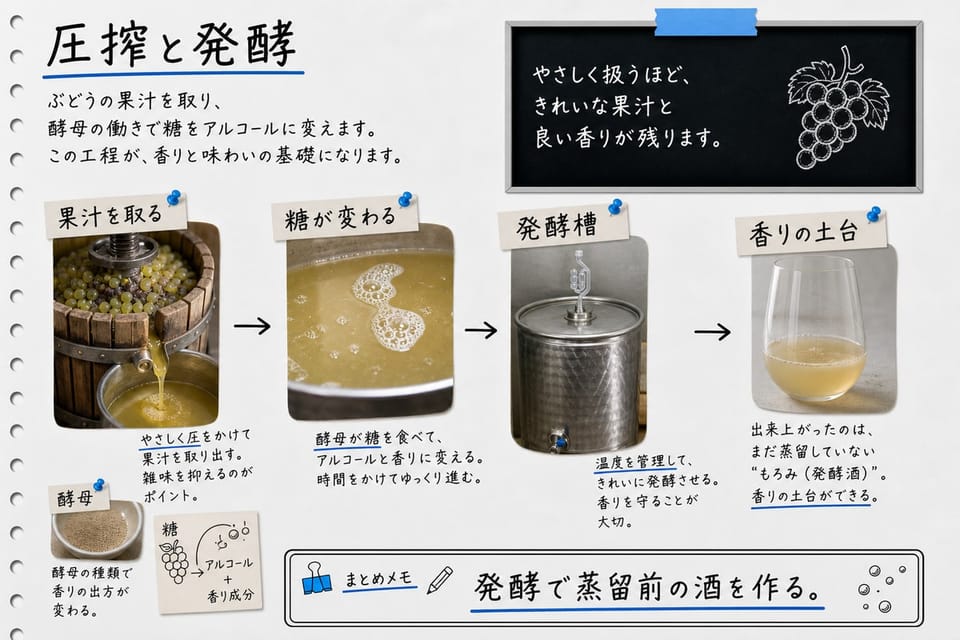 ブランデー造りの圧搾と発酵を、果汁、発酵槽、香りの変化で説明する手書き風図解