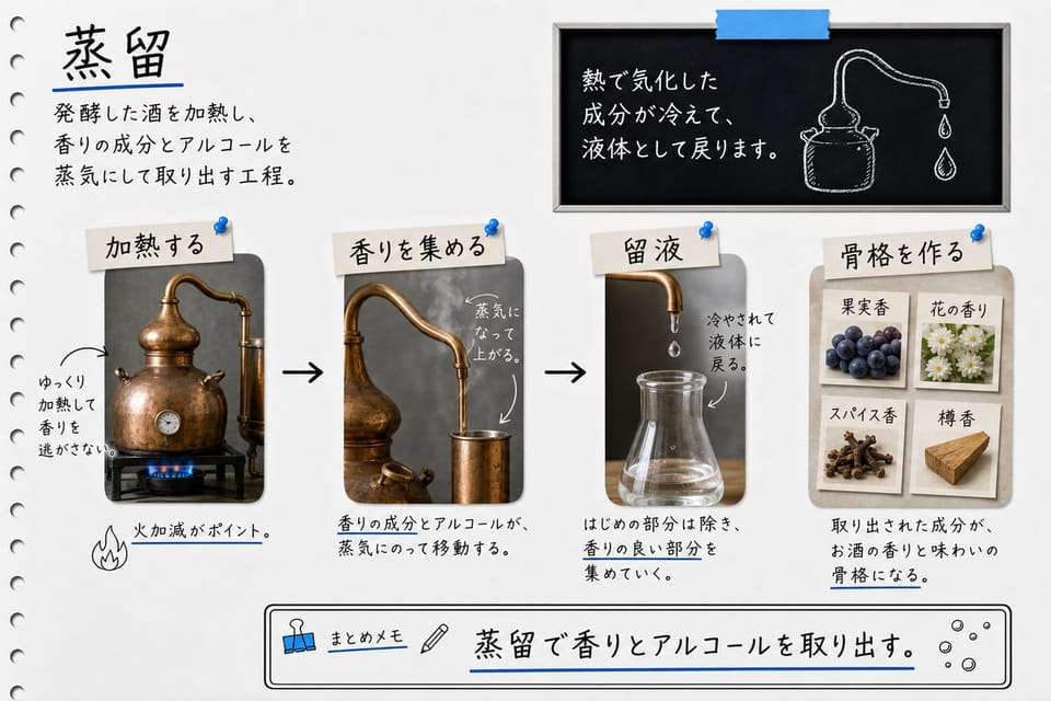 ブランデーの蒸留を、蒸留器、加熱、香り成分、留液で説明する手書き風図解