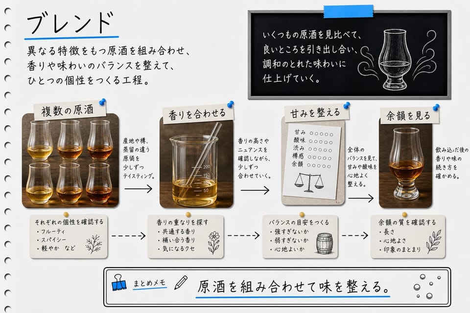 ブランデーのブレンドを、複数の原酒、香り、味わいの調整で説明する手書き風図解