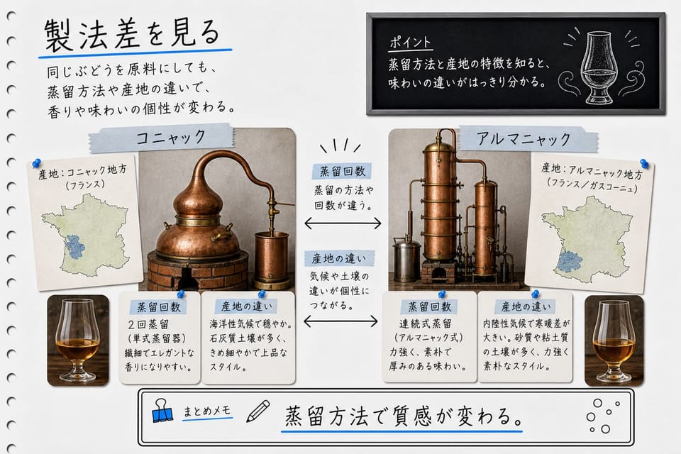 コニャックとアルマニャックの製法差を、蒸留器、蒸留回数、産地の違いで説明する手書き風図解