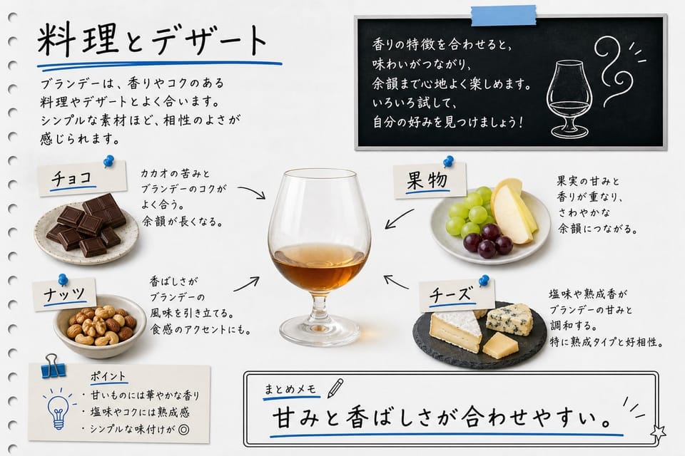 ブランデーに合わせやすい料理とデザートを、チョコレート、ナッツ、果物、チーズで説明する手書き風図解