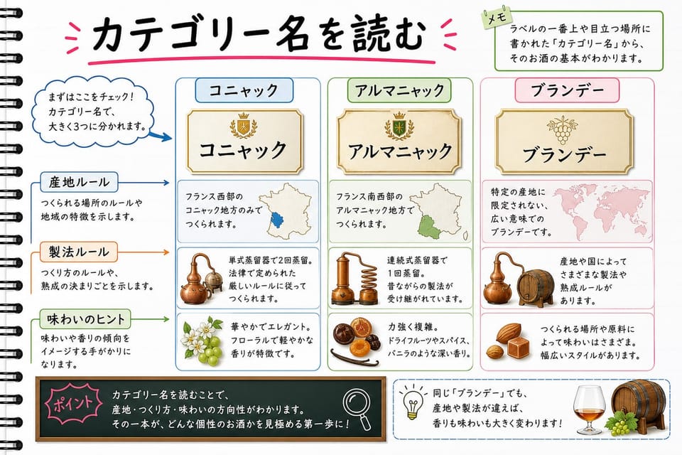 ブランデーのカテゴリー名を、コニャック、アルマニャック、その他ブランデーで説明する手書き風図解