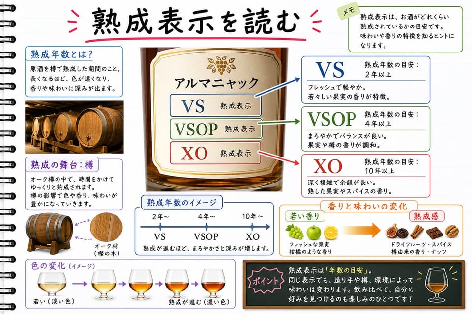 ブランデーの熟成表示を、VS、VSOP、XO、熟成年数で説明する手書き風図解