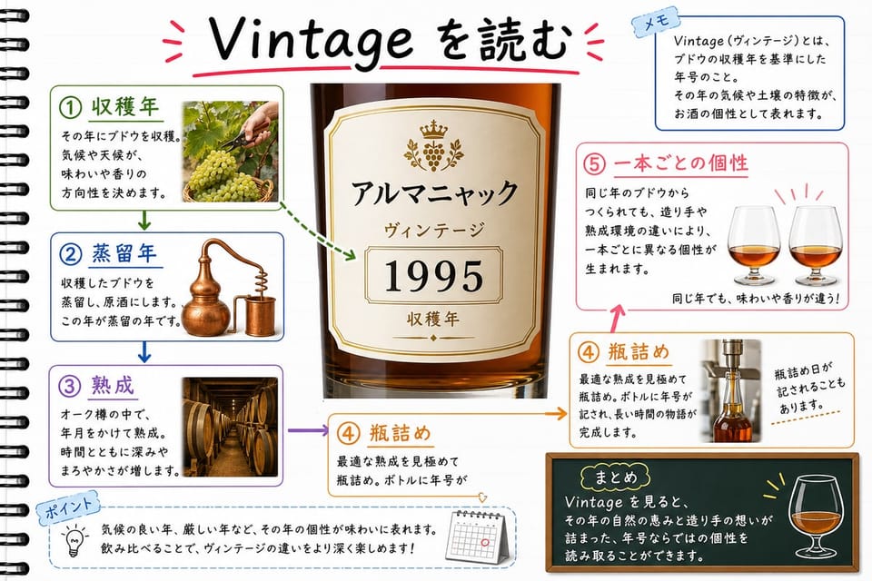 ブランデーのVintage表示を、収穫年、熟成、瓶詰め、個性で説明する手書き風図解