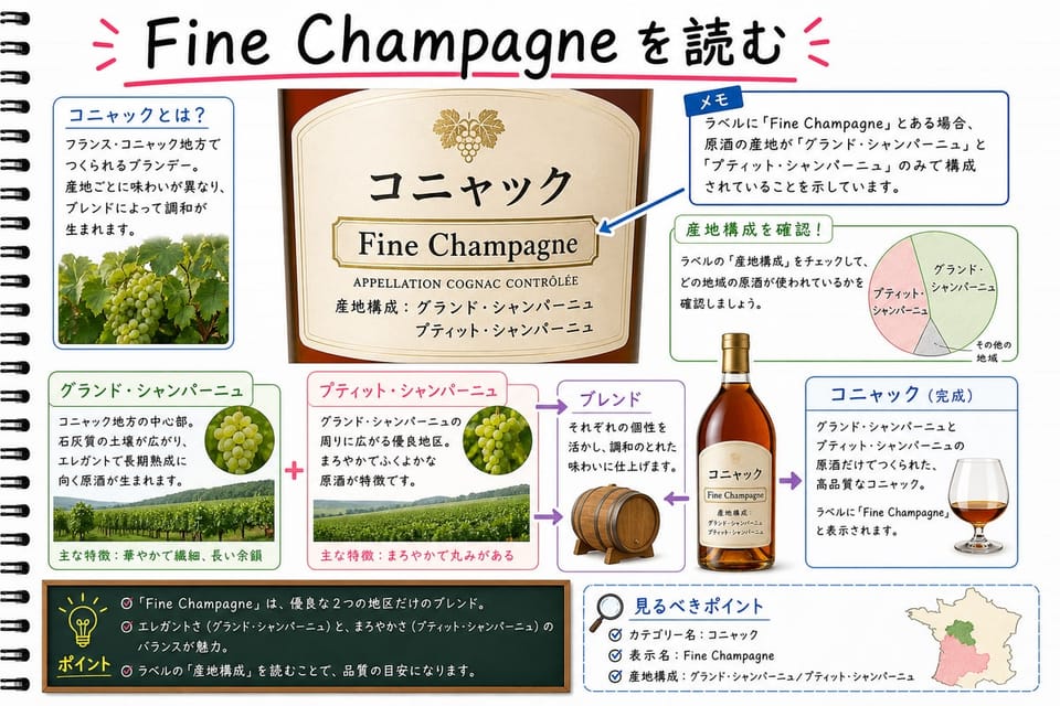 Fine Champagne表示を、グランド・シャンパーニュ、プティット・シャンパーニュ、ブレンドで説明する手書き風図解