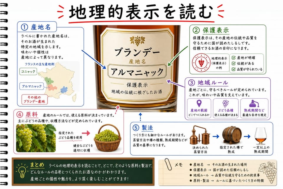 ブランデーの地理的表示を、産地名、保護表示、地域ルールで説明する手書き風図解