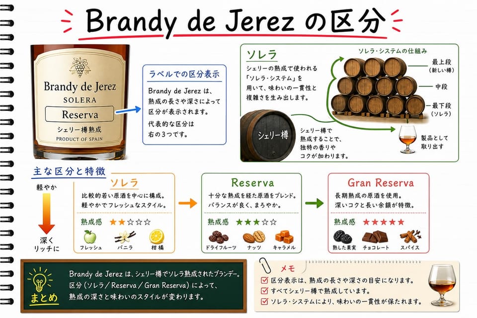 Brandy de Jerezの区分を、Solera、Reserva、Gran Reserva、熟成感で説明する手書き風図解