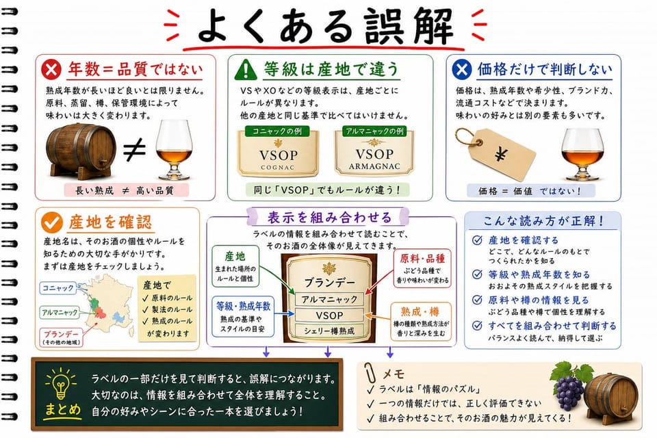 ブランデーラベルでよくある誤解を、年数、等級、産地、価格で整理する手書き風図解