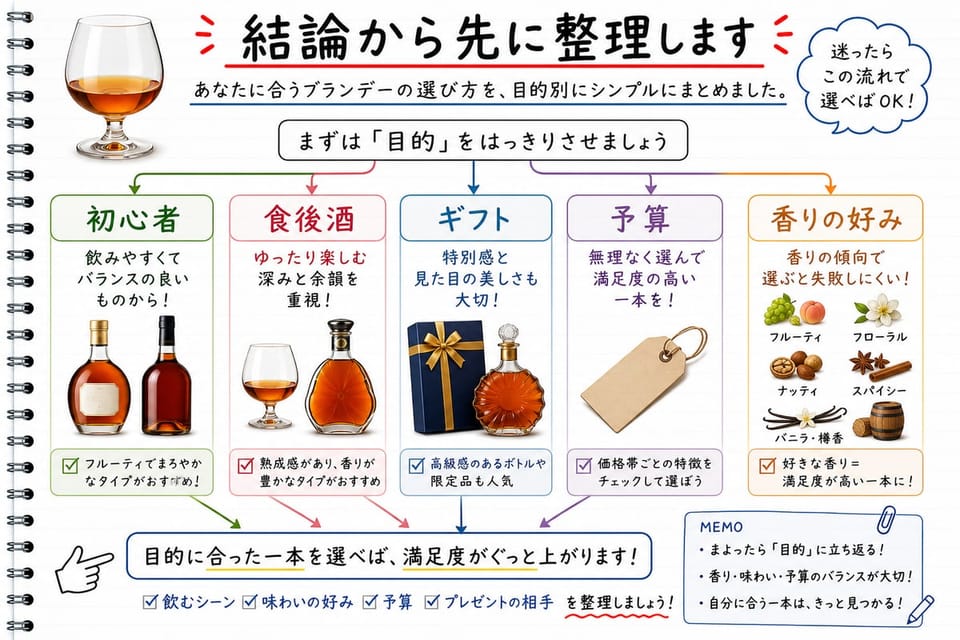 ブランデー選びの結論を、初心者、食後酒、ギフト、予算で整理する手書き風図解