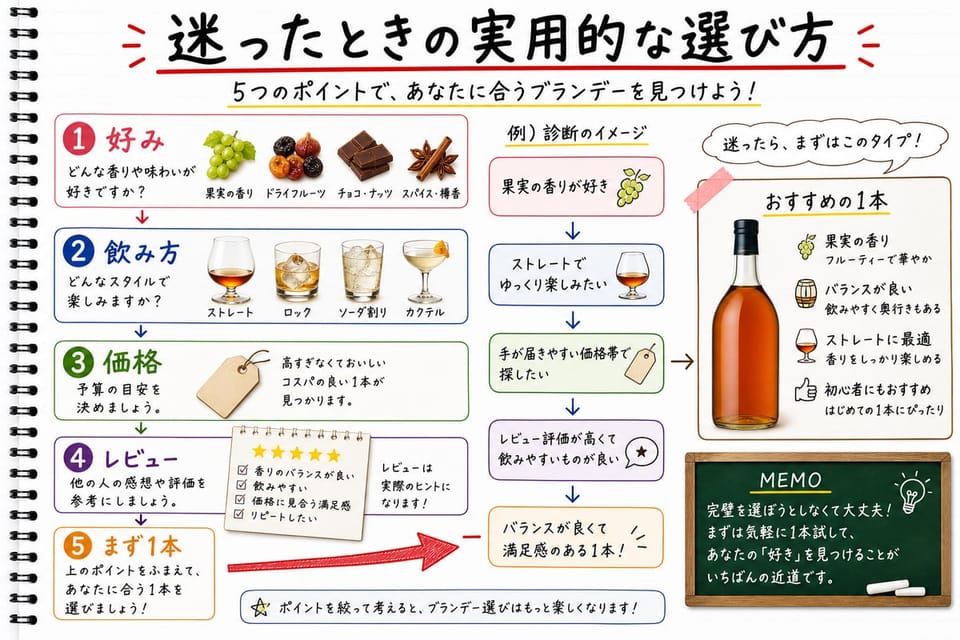 迷ったときのブランデーの選び方を、好み、飲み方、価格、レビューで整理する手書き風図解
