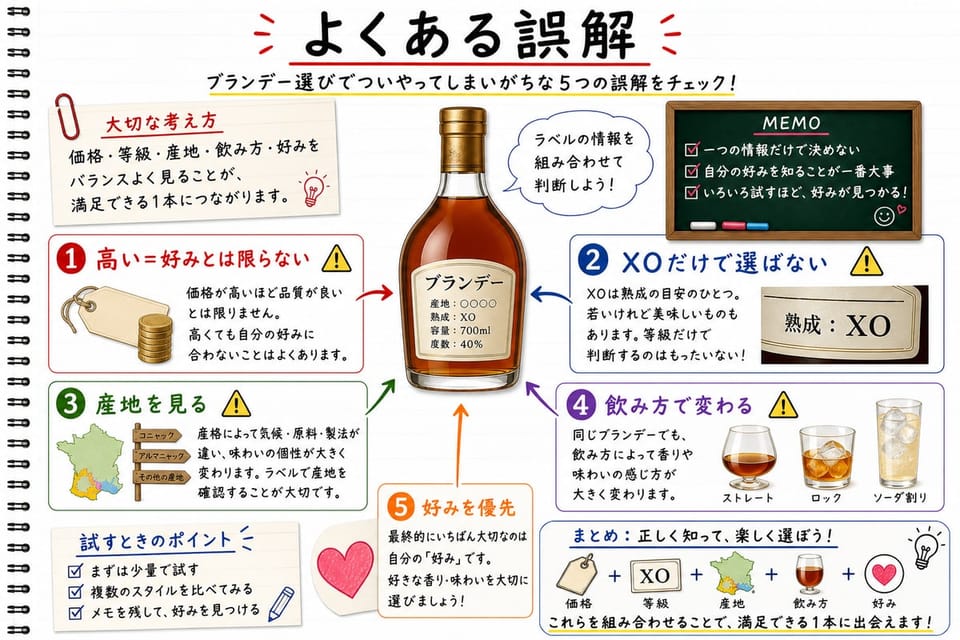 ブランデー選びでよくある誤解を、価格、熟成表示、産地、飲み方で整理する手書き風図解