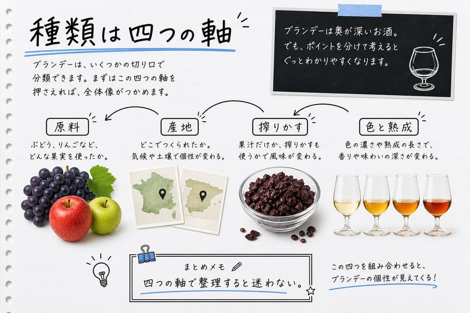 ブランデーの種類を、原料、産地、搾りかす由来、熟成色の四つの軸で説明する手書き風図解