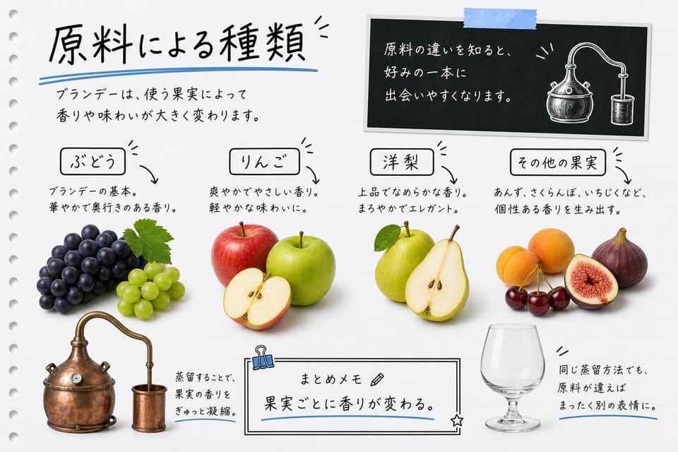 ブランデーを原料別に、ぶどう、りんご、洋梨、その他の果実で説明する手書き風図解