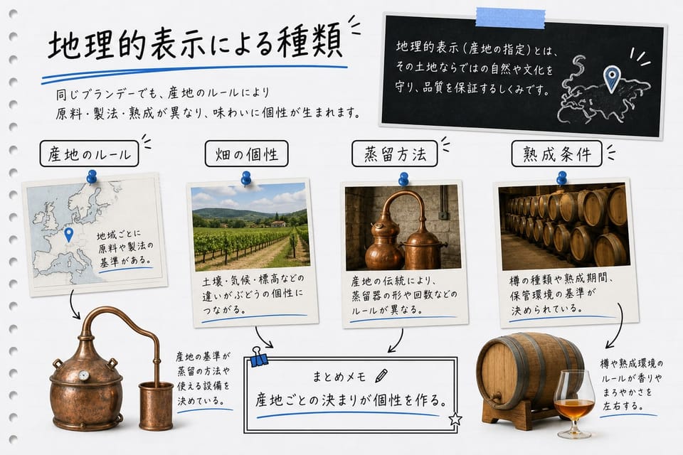 地理的表示によるブランデーの種類を、産地、畑、蒸留器、樽で説明する手書き風図解