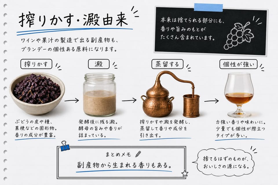 搾りかすや澱由来のブランデーを、ぶどうの搾りかす、澱、蒸留器で説明する手書き風図解