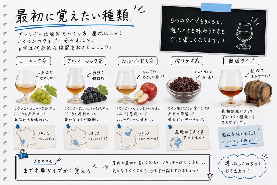 最初に覚えたい主要なブランデーの種類を、ぶどう、りんご、搾りかす、熟成タイプで説明する手書き風図解