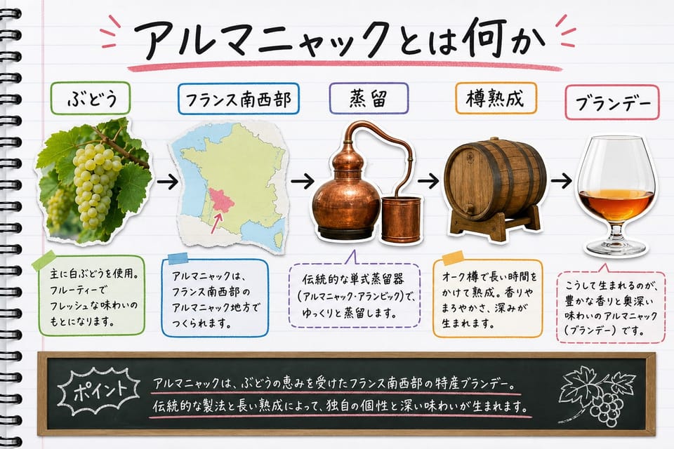アルマニャックとは何かを、ぶどう、産地、蒸留、樽熟成で説明する手書き風図解