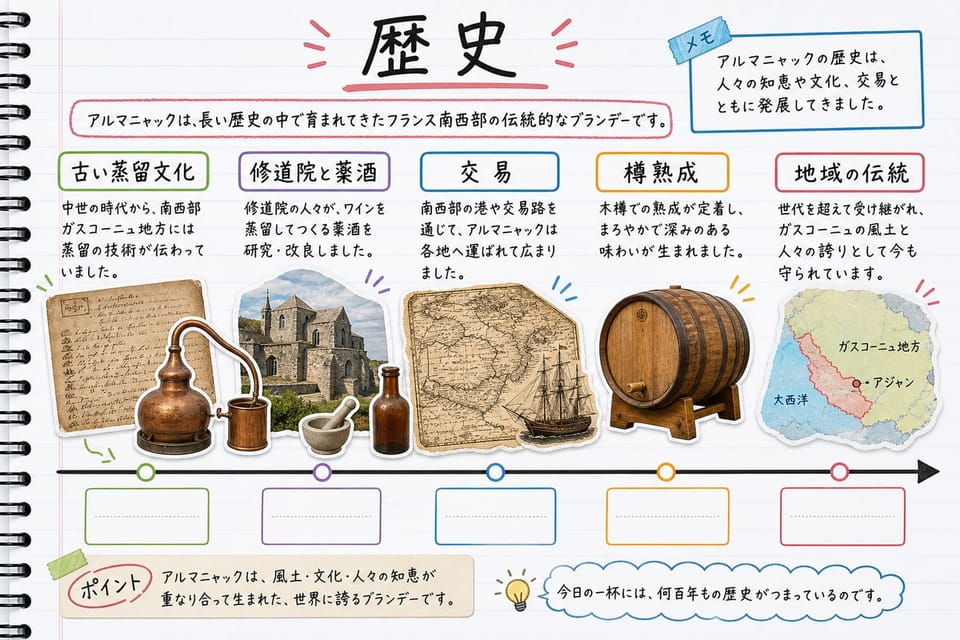 アルマニャックの歴史を、古い蒸留文化、産地、樽熟成で説明する手書き風図解