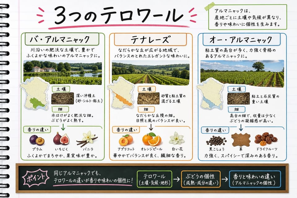 アルマニャックの3つのテロワールを、地域カード、畑、土壌、香りの違いで説明する手書き風図解