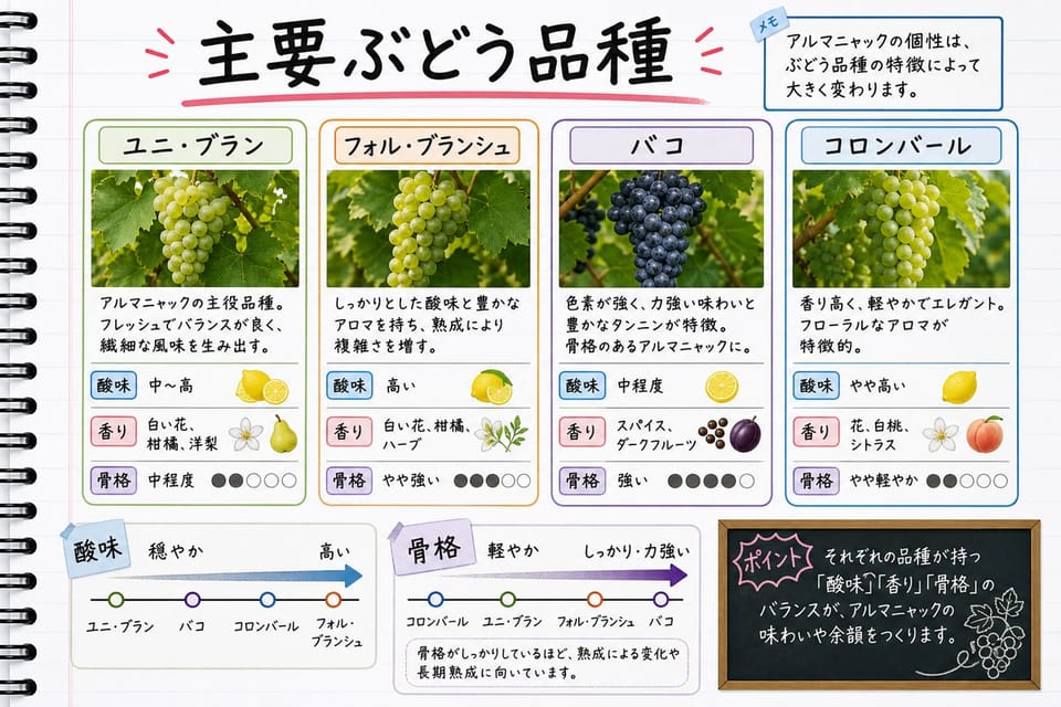 アルマニャックの主要ぶどう品種を、ぶどう、酸味、香り、骨格で説明する手書き風図解