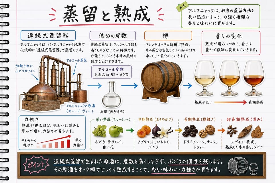 アルマニャックの蒸留と熟成を、連続式蒸留器、樽、香りの変化で説明する手書き風図解