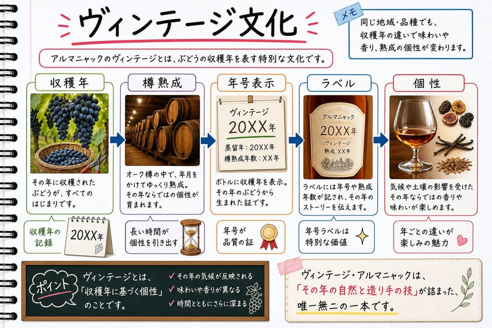 アルマニャックのヴィンテージ文化を、年号表示、樽、ラベル、熟成で説明する手書き風図解