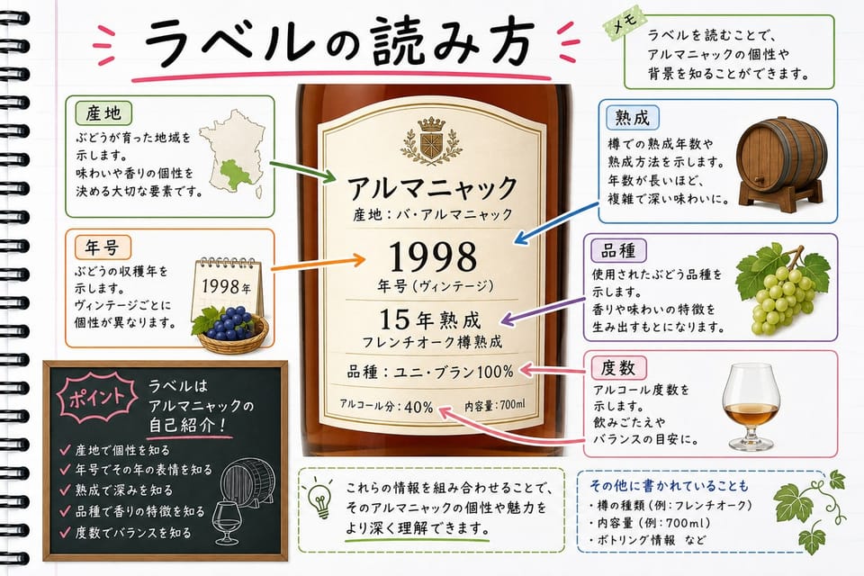 アルマニャックのラベルの読み方を、産地、熟成、年号、品種で説明する手書き風図解