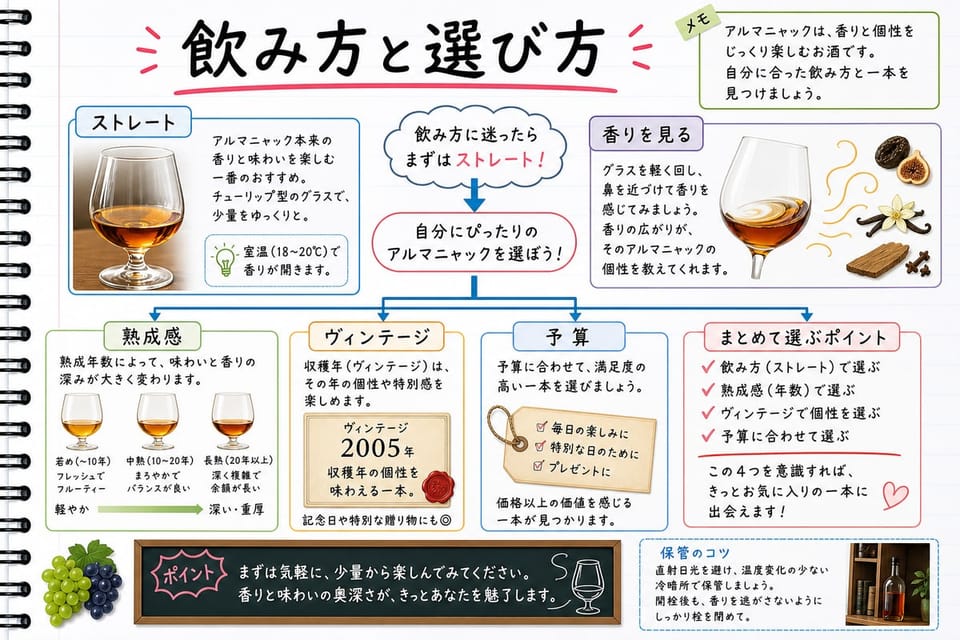 アルマニャックの飲み方と選び方を、ストレート、熟成、ヴィンテージ、予算で説明する手書き風図解