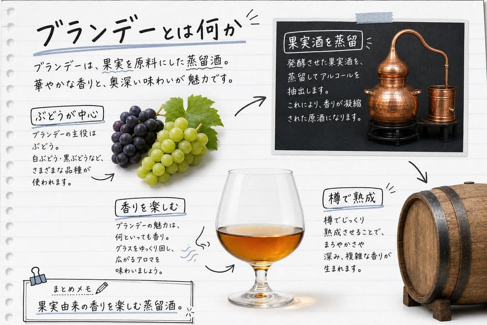 ブランデーとは何かを、果実、発酵、蒸留、琥珀色のグラスで説明する手書き風図解