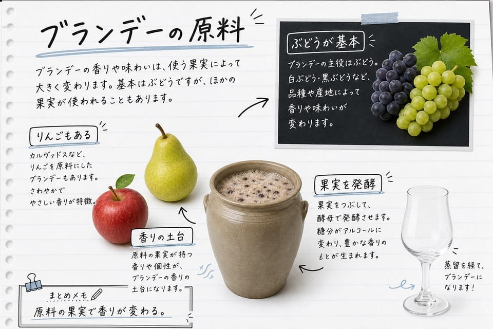 ブランデーの原料を、ぶどうを中心にりんごや果実でも説明する手書き風図解