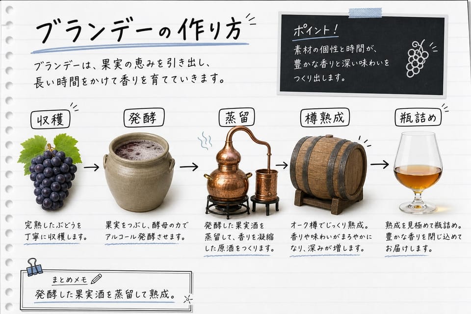 ブランデーの作り方を、収穫、発酵、蒸留、樽熟成の流れで説明する手書き風図解