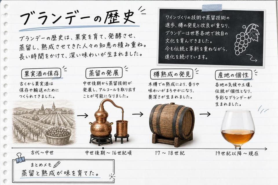 ブランデーの歴史を、ぶどう畑、蒸留器、樽熟成、グラスの流れで説明する手書き風図解