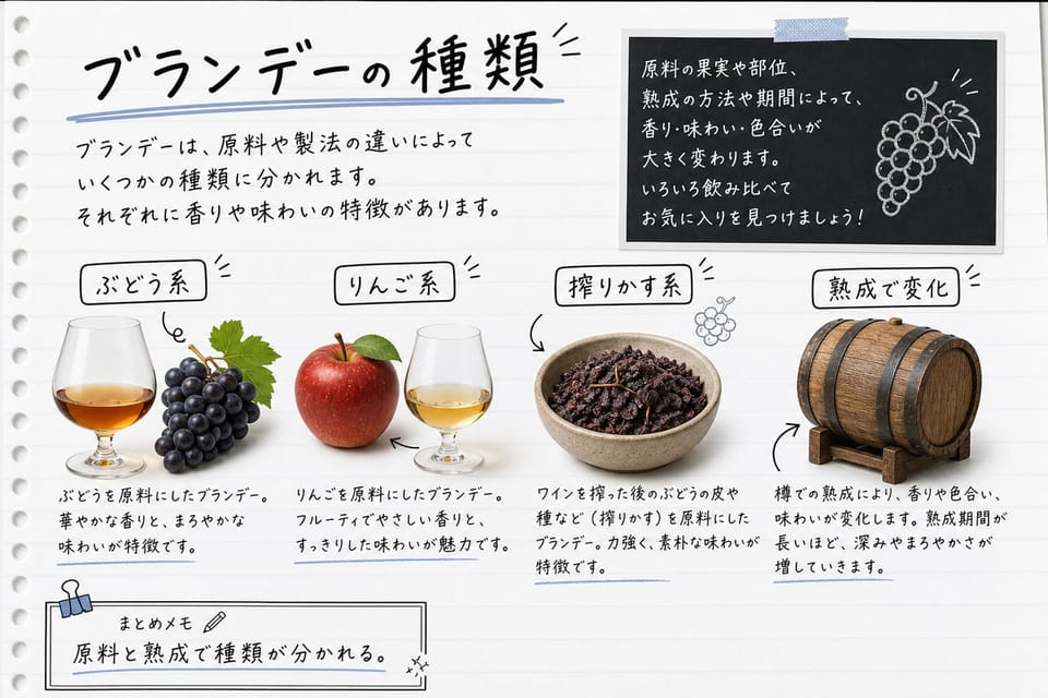 ブランデーの種類を、ぶどう、りんご、搾りかす、熟成の違いで説明する手書き風図解