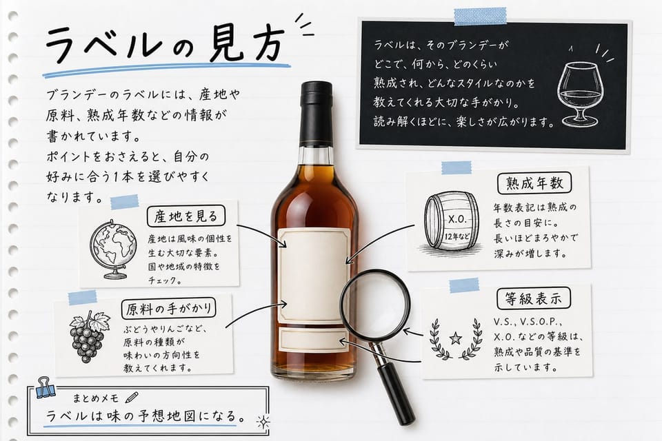 ブランデーのラベルの見方を、産地、熟成、原料、蒸留の手がかりで説明する手書き風図解