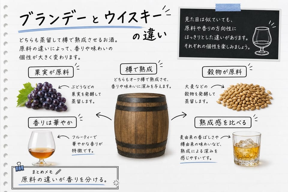 ブランデーとウイスキーの違いを、果実と穀物、香り、熟成で比較する手書き風図解